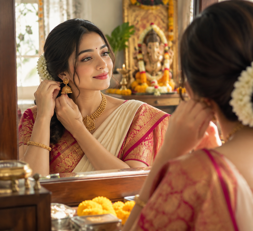 Indian woman wearing traditional gold jhumka earrings and saree while getting ready for festive occasion