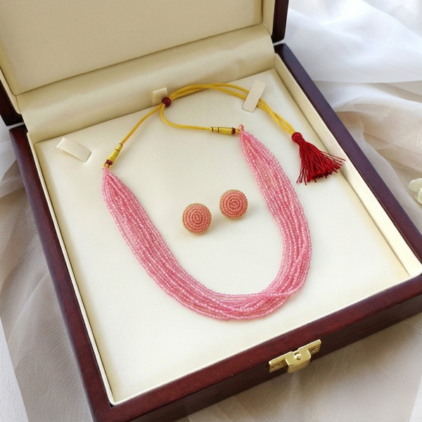 Blush Pink Multi-Strand Beaded Necklace & Earring Set