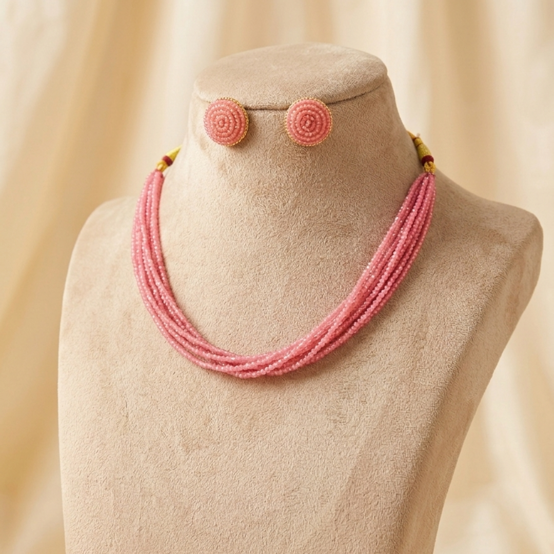 Blush Pink Multi-Strand Beaded Necklace & Earring Set