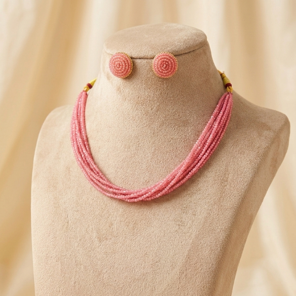 Blush Pink Multi-Strand Beaded Necklace & Earring Set