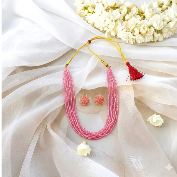 Blush Pink Multi-Strand Beaded Necklace & Earring Set