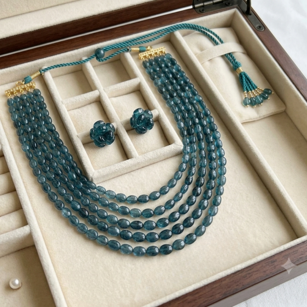 Teal Blue Multi-Layer Beaded Necklace &amp; Earring Set.