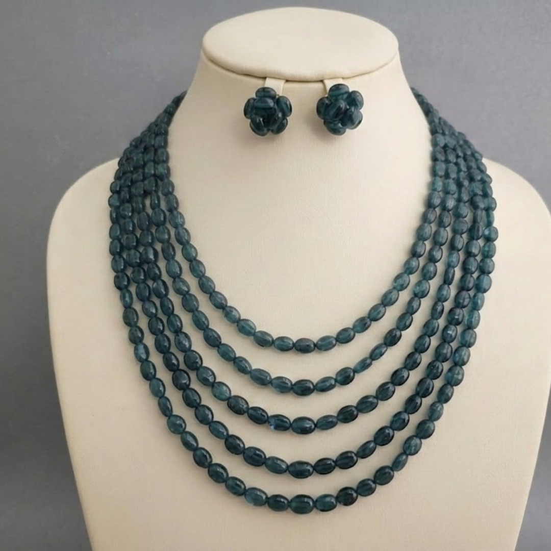 Teal Blue Multi-Layer Beaded Necklace &amp; Earring Set.