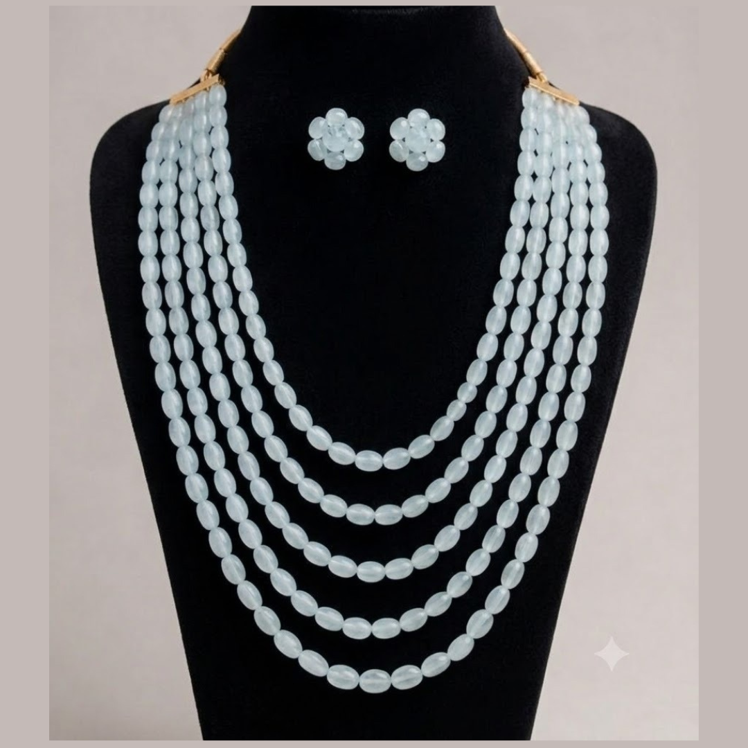 Jwanas Ice Blue Multi-Layer Beaded Necklace Set