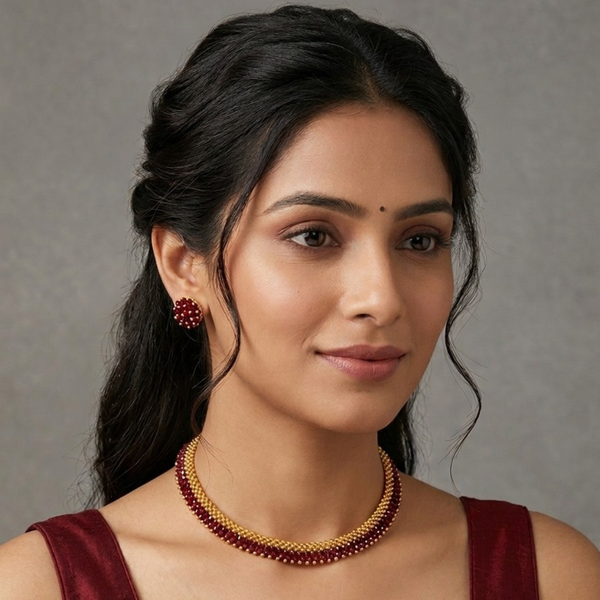 Maroon & Gold Beaded Choker Necklace Set