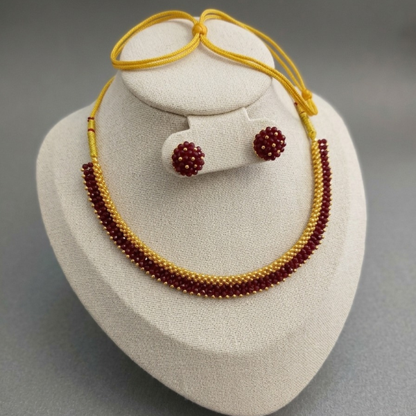 Maroon & Gold Beaded Choker Necklace Set