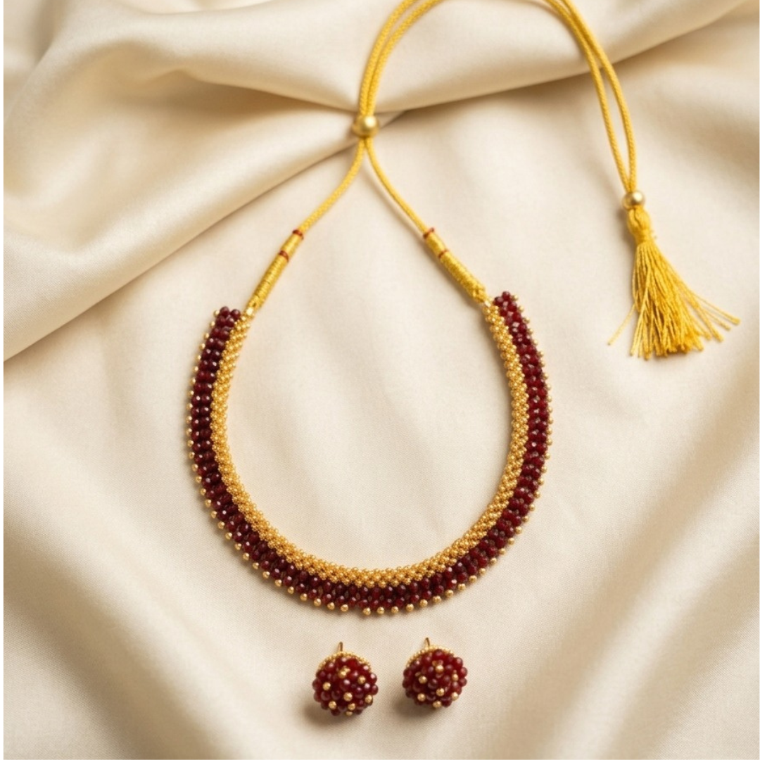 Maroon & Gold Beaded Choker Necklace Set