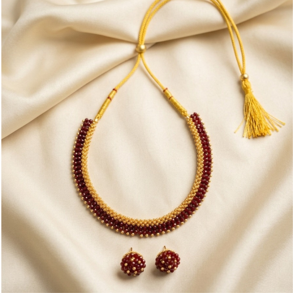 Maroon & Gold Beaded Choker Necklace Set
