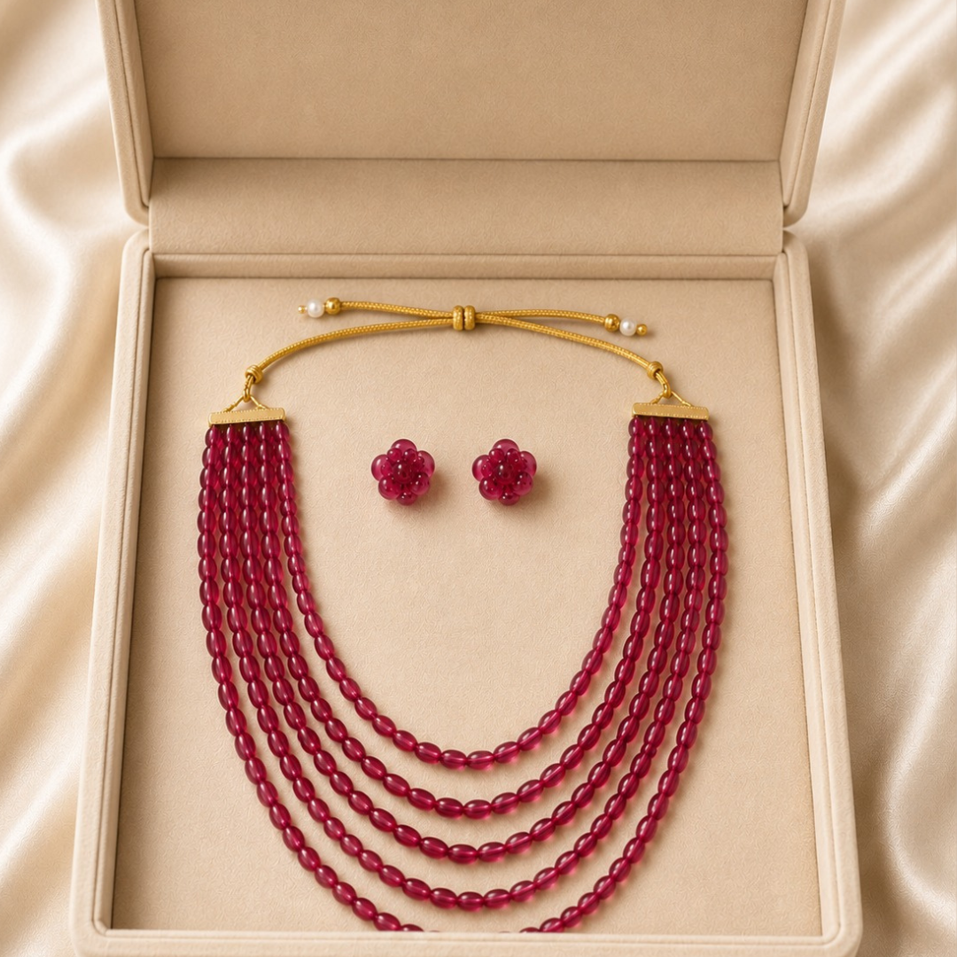 Ruby Pink Multi-Layer Beaded Necklace Set