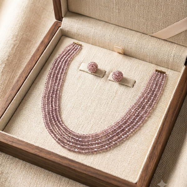 Jwanas Blush Pink Crystal Multi-Layer Necklace Set