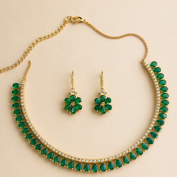 Emerald Elegance Gold Necklace & Earring set