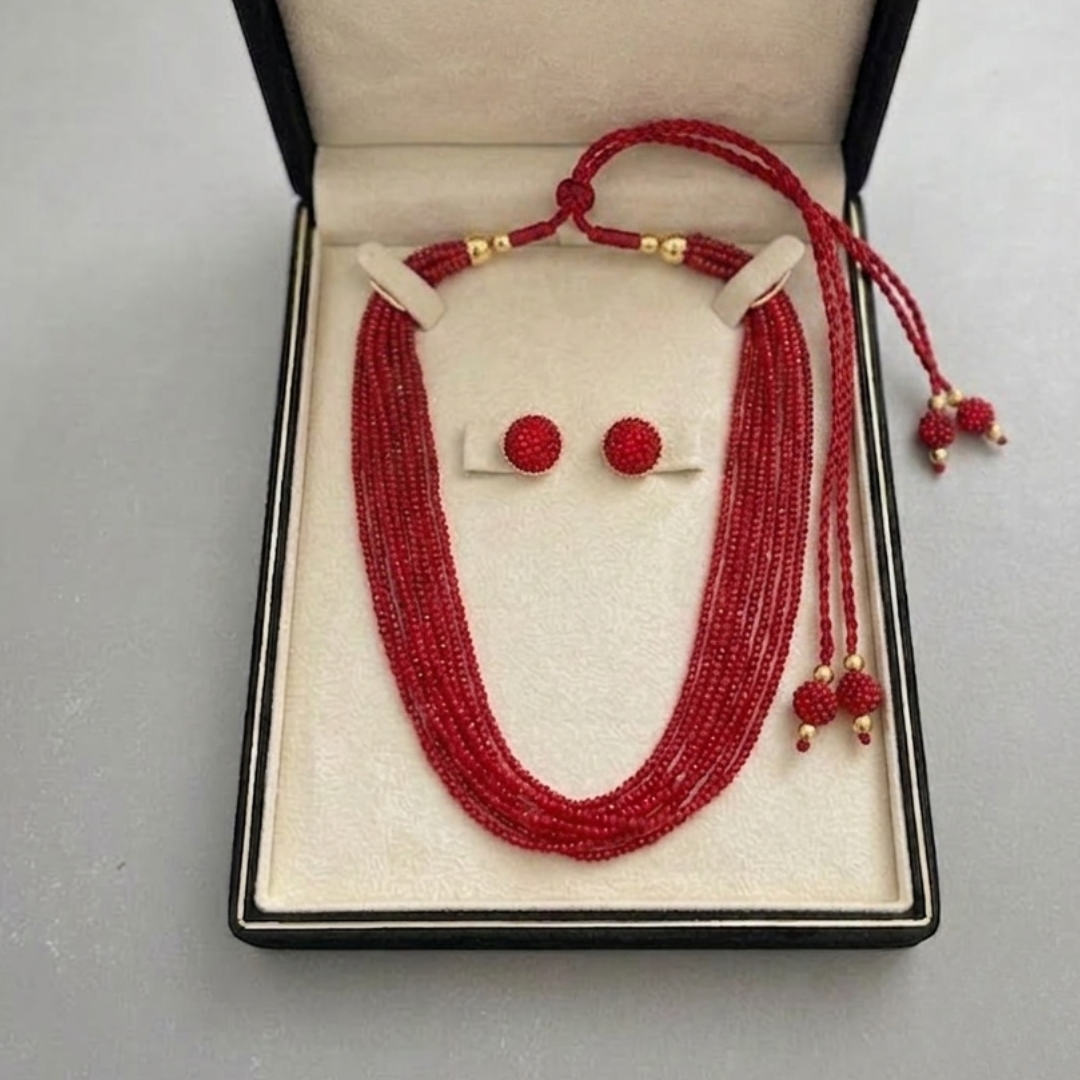 Jwanas Crimson Royale Multi-Layer Beaded Necklace Set