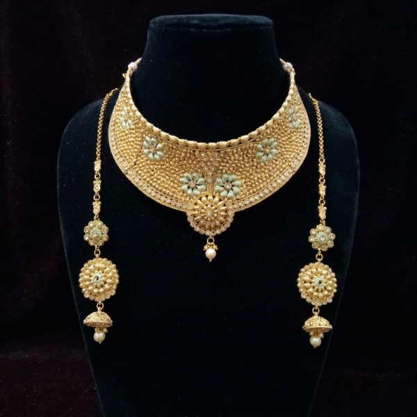 Antique Gold-Plated Mint Meenakari Bridal Choker Set