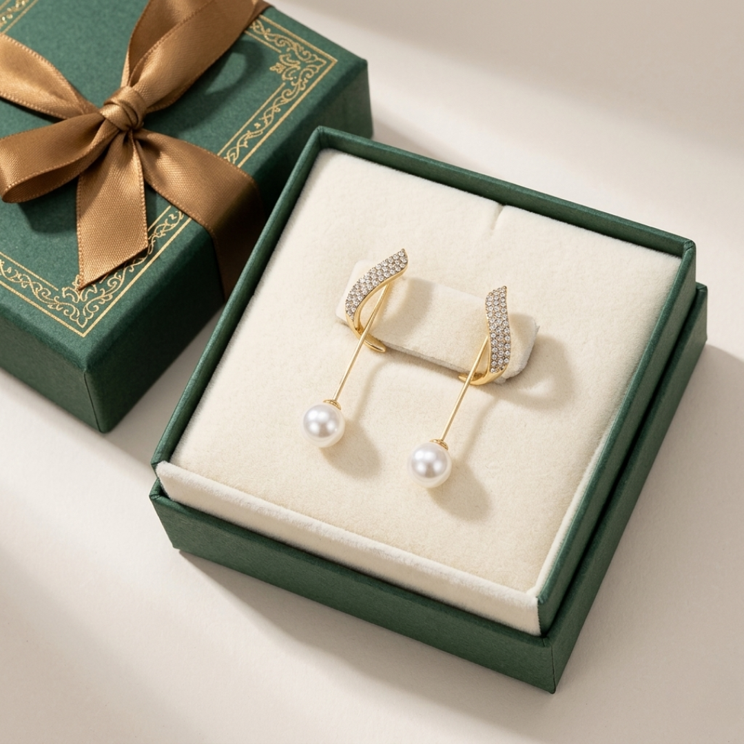 Gold plated Aura Wave Pearl Drop Earrings displayed on a soft cream velvet pad inside an elegant forest green gift box with a gold satin bow.