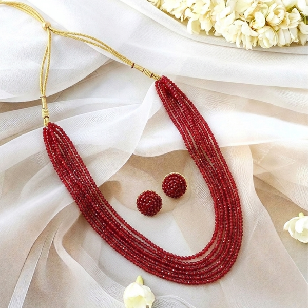 Elegant Crimson Beaded Multi-Layer Necklace and Earring Set