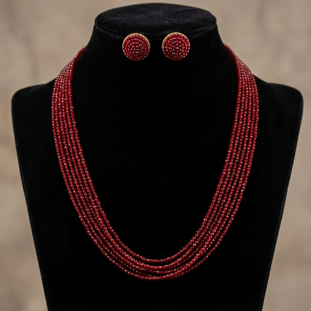 Elegant Crimson Beaded Multi-Layer Necklace and Earring Set
