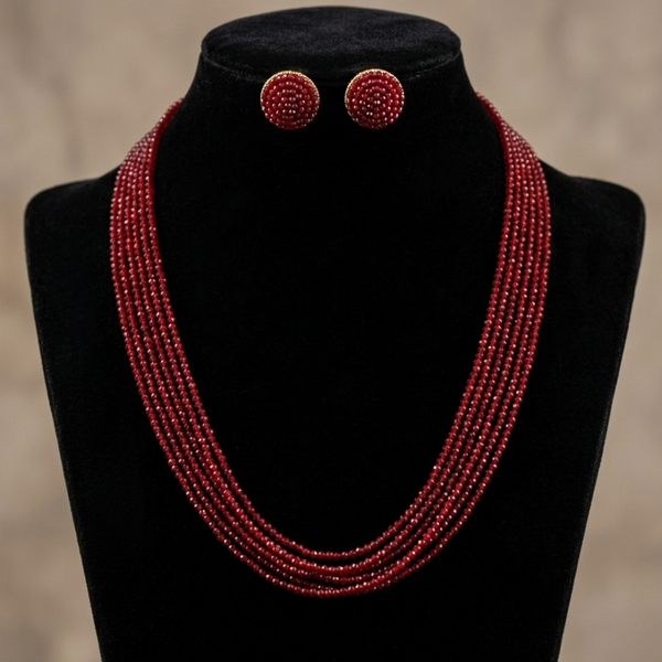Elegant Crimson Beaded Multi-Layer Necklace and Earring Set
