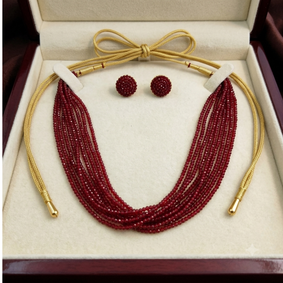 Elegant Crimson Beaded Multi-Layer Necklace and Earring Set