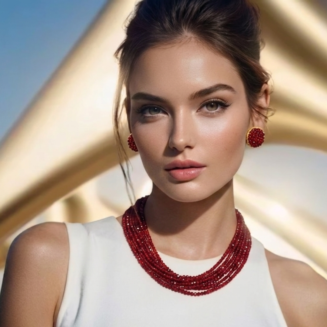 Elegant Crimson Beaded Multi-Layer Necklace and Earring Set