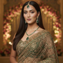A woman in a green and gold embellished saree wearing an emerald teardrop jewelry set, including a matching maang tikka, drop earrings, and layered necklace, posed indoors against a warmly lit backdrop of chandelier lights and floral arch decor.
