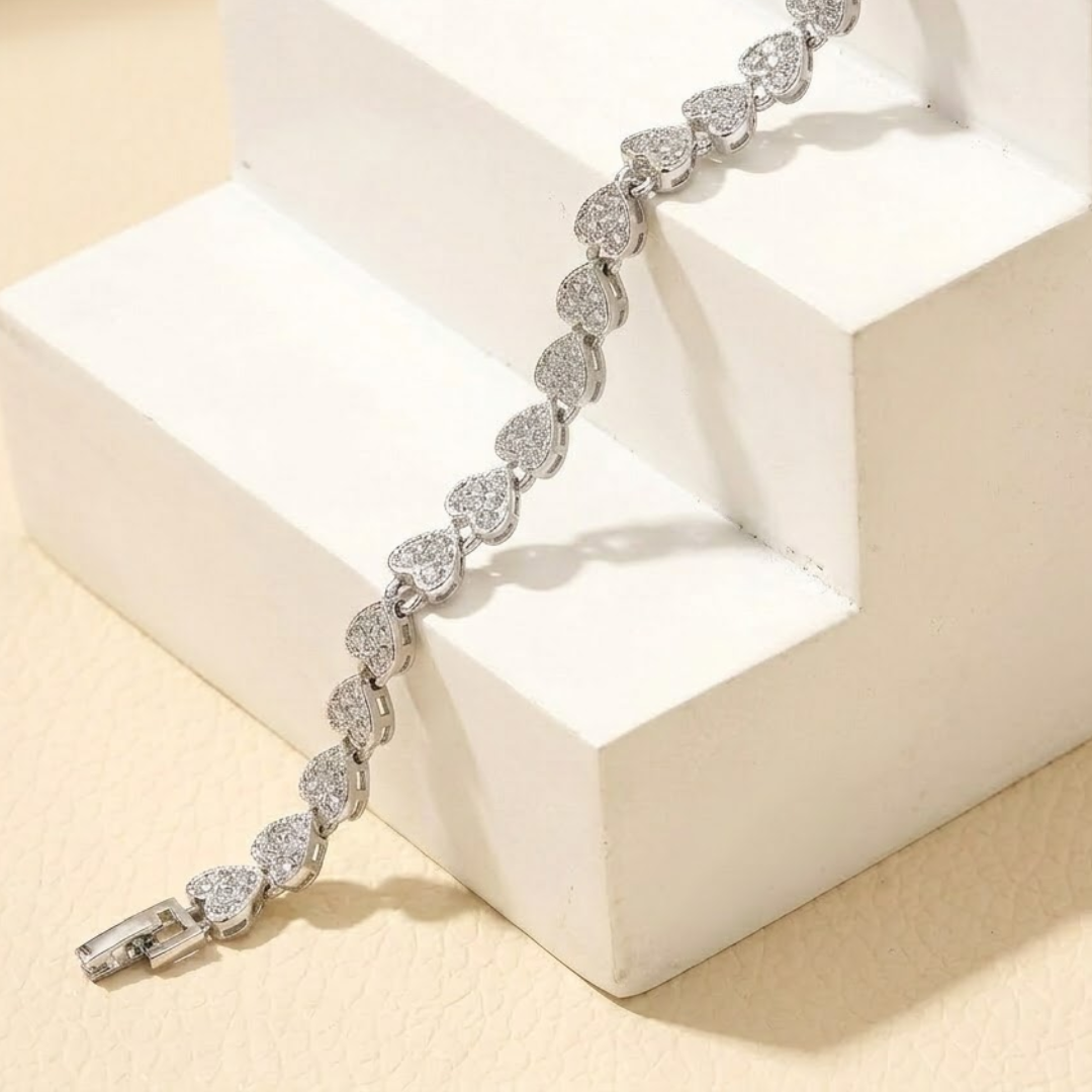 Dazzling Silver Heart-Link Tennis Bracelet