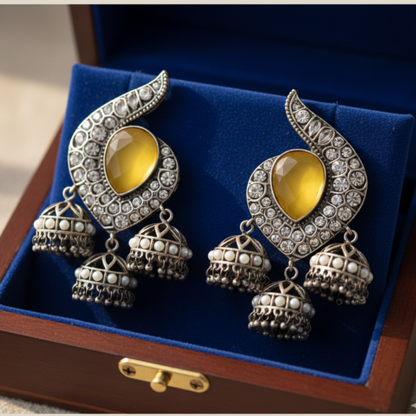 Sunlit Crescent Oxidized Jhumka Earrings