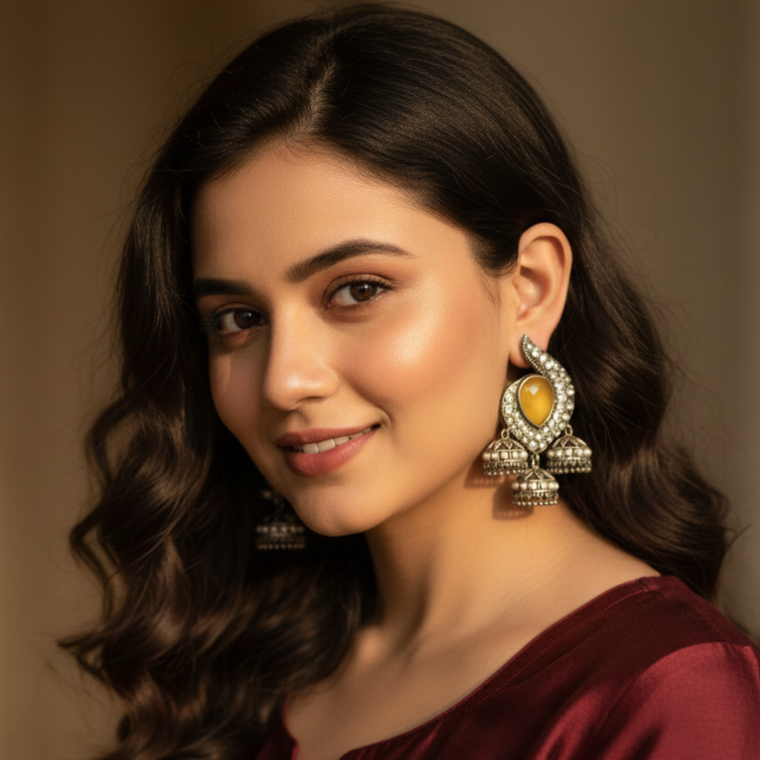 Sunlit Crescent Oxidized Jhumka Earrings