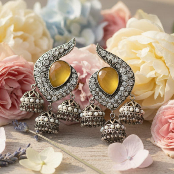 Sunlit Crescent Oxidized Jhumka Earrings