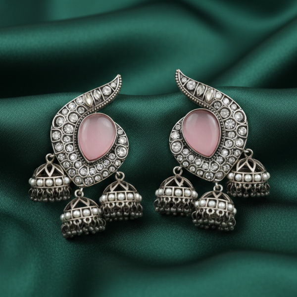 Vintage Rose Oxidized Jhumka Earrings