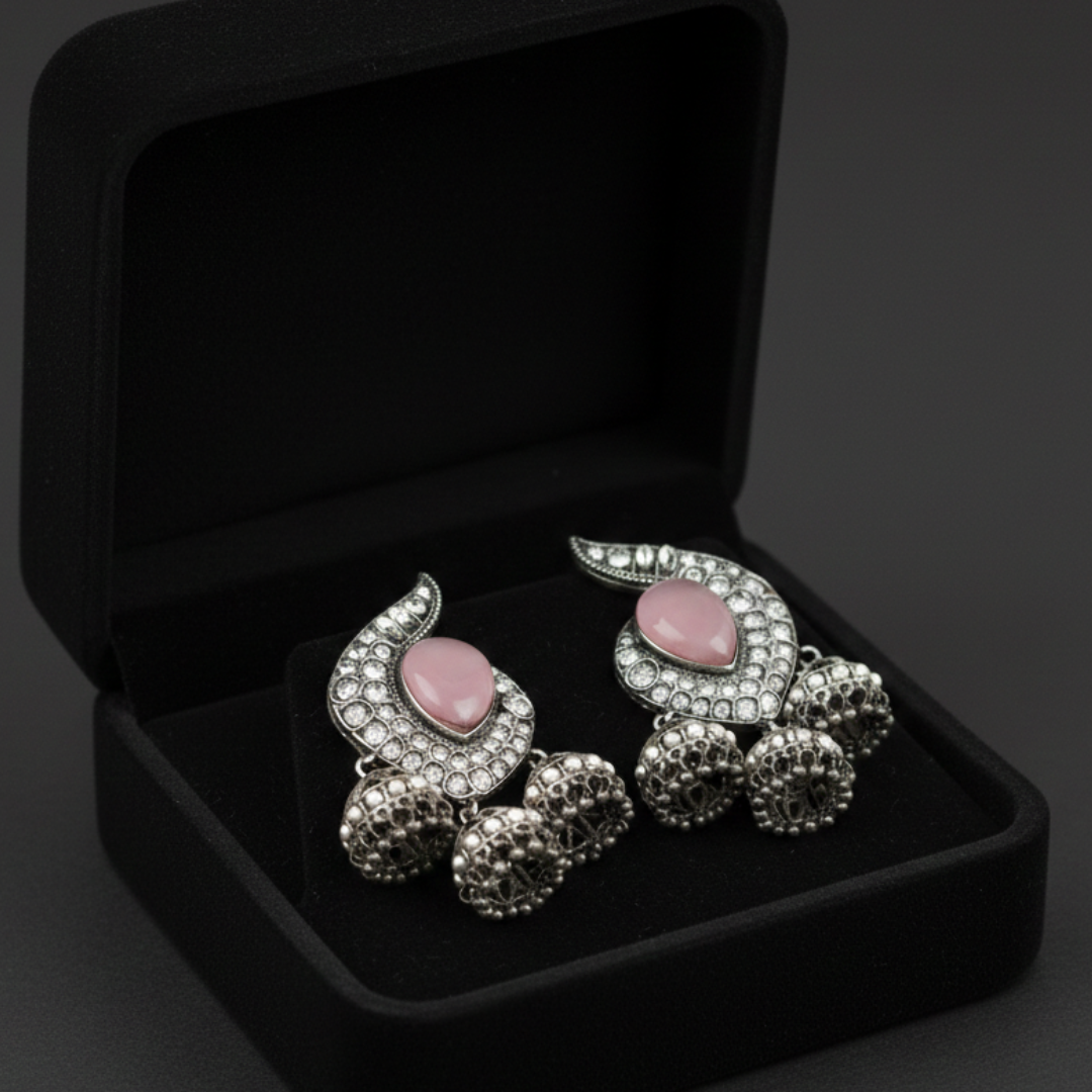 Vintage Rose Oxidized Jhumka Earrings