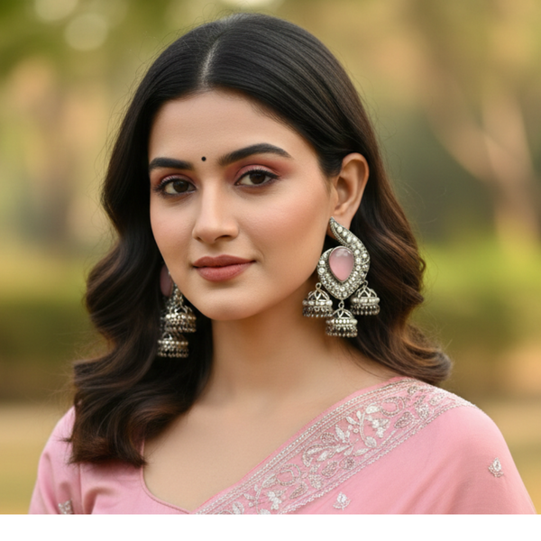 Vintage Rose Oxidized Jhumka Earrings