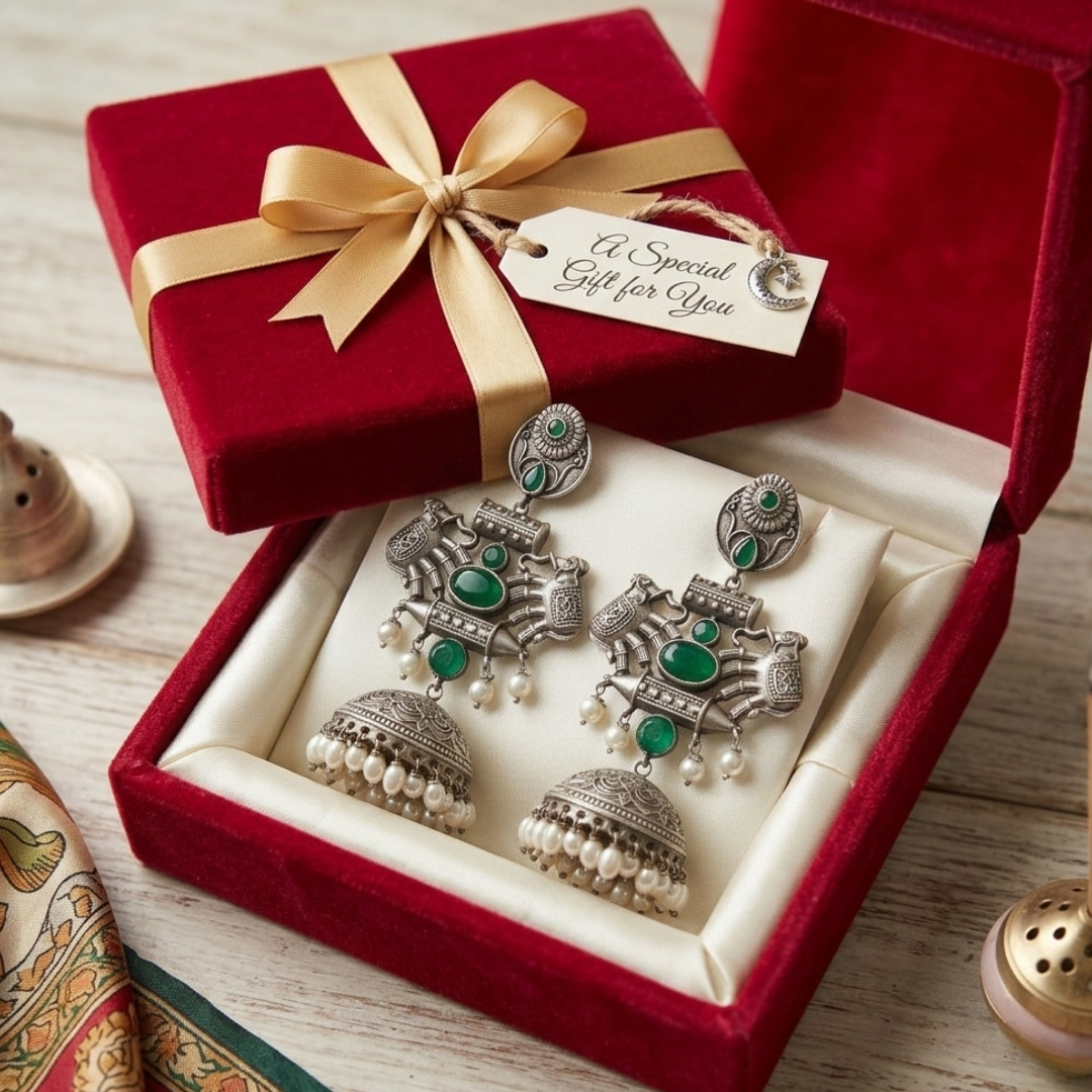Gajraj Emerald & Pearl Oxidized Silver Jhumkas