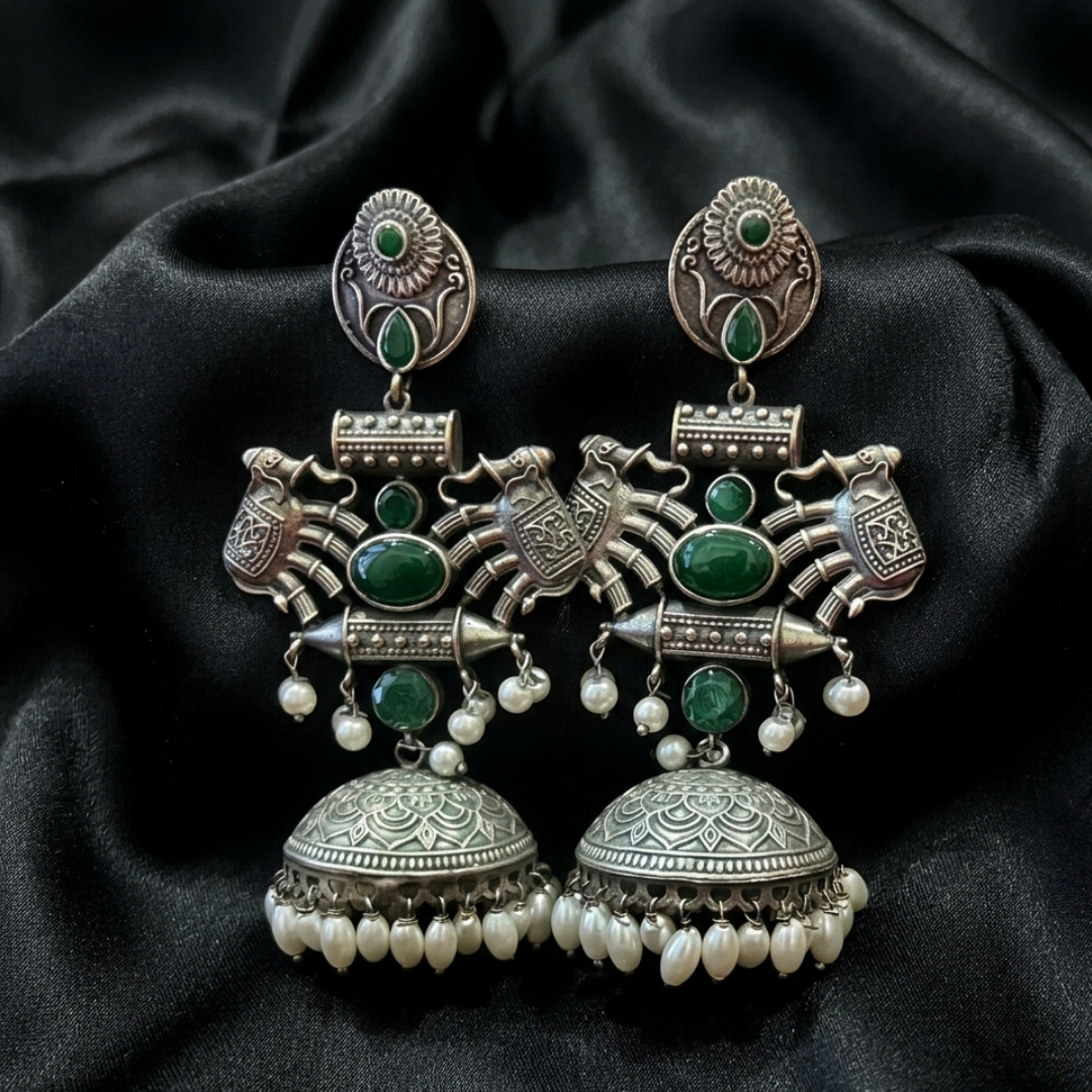 Gajraj Emerald & Pearl Oxidized Silver Jhumkas