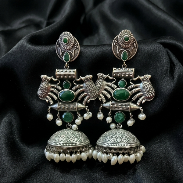 Gajraj Emerald & Pearl Oxidized Silver Jhumkas
