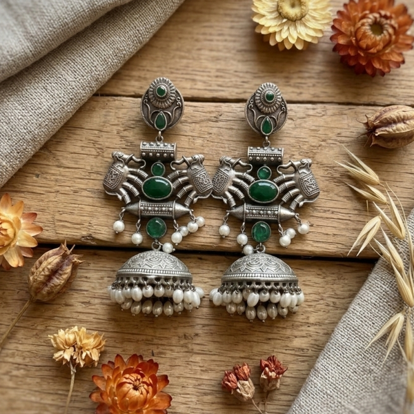 Gajraj Emerald & Pearl Oxidized Silver Jhumkas