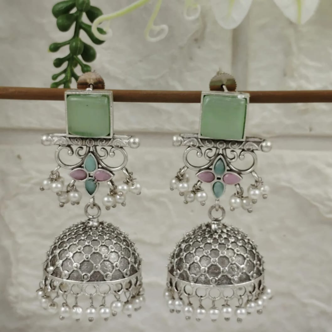 Aira Mint & Pastel Blossom Oxidized Jhumkas