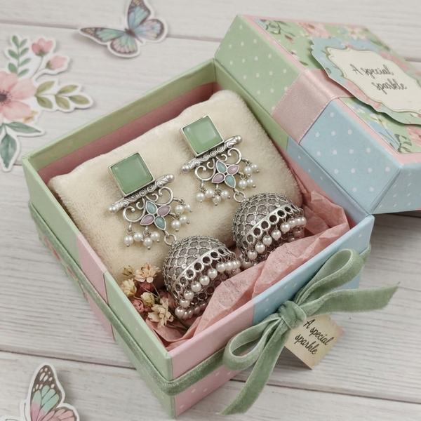 Aira Mint & Pastel Blossom Oxidized Jhumkas