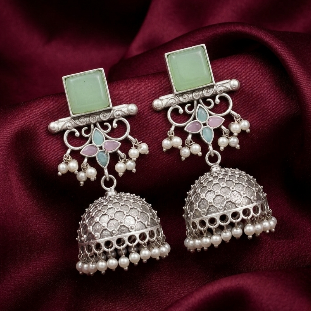 Aira Mint & Pastel Blossom Oxidized Jhumkas