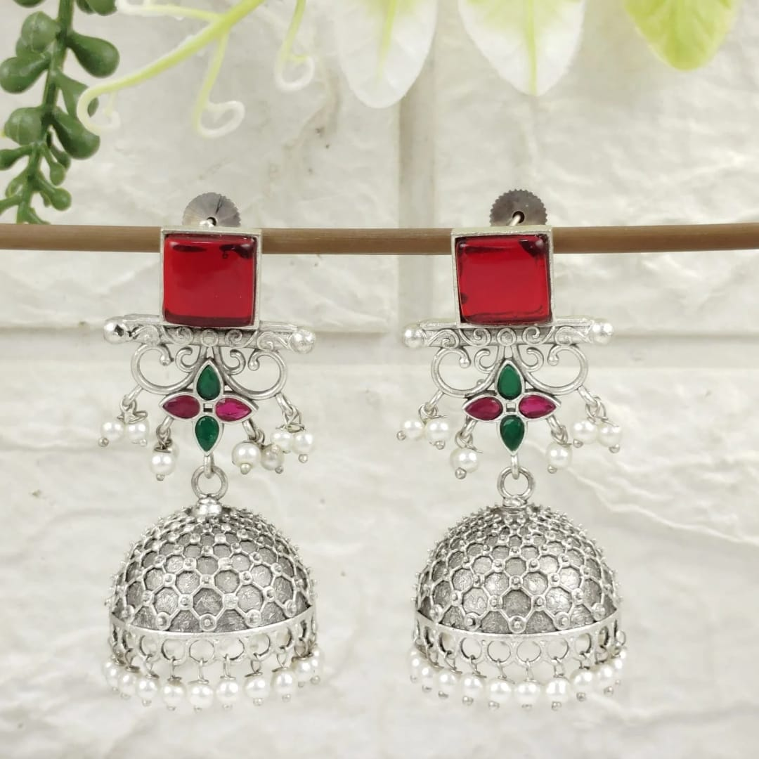 Rudira Crimson & Emerald Floral Oxidized Jhumkas