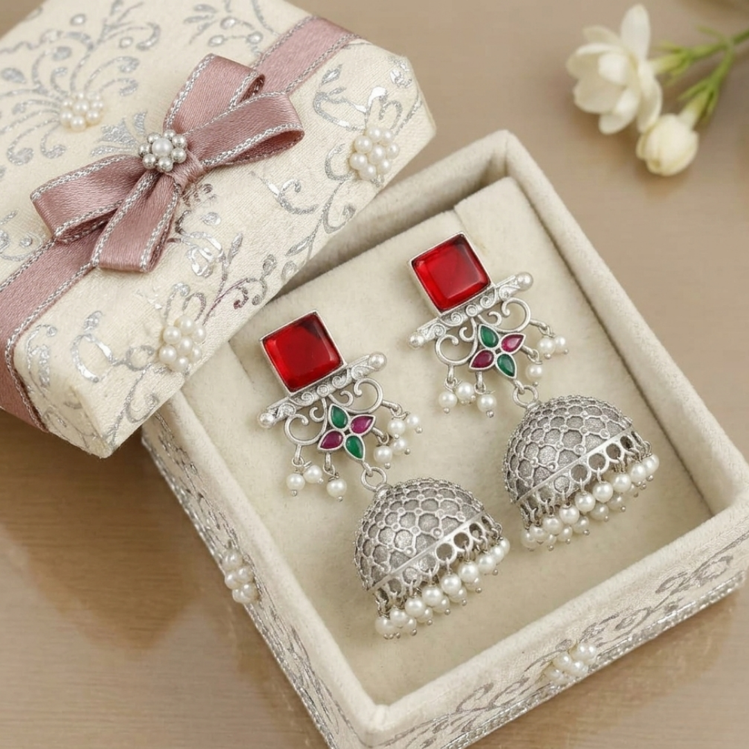 Rudira Crimson & Emerald Floral Oxidized Jhumkas