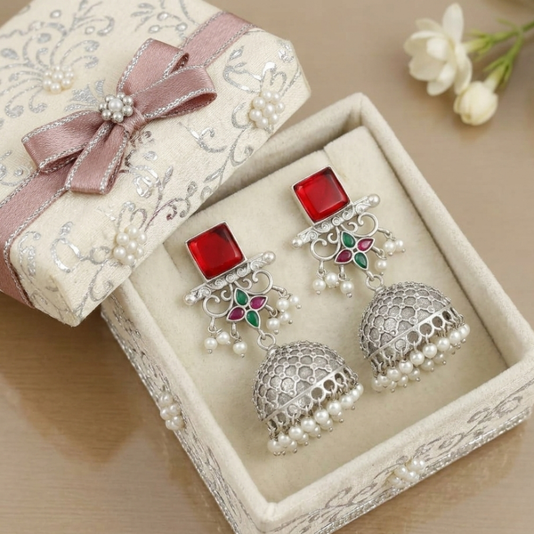 Rudira Crimson & Emerald Floral Oxidized Jhumkas