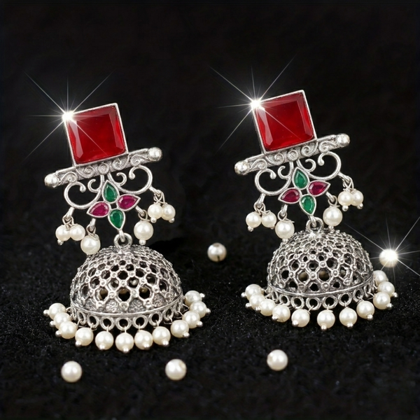 Rudira Crimson & Emerald Floral Oxidized Jhumkas