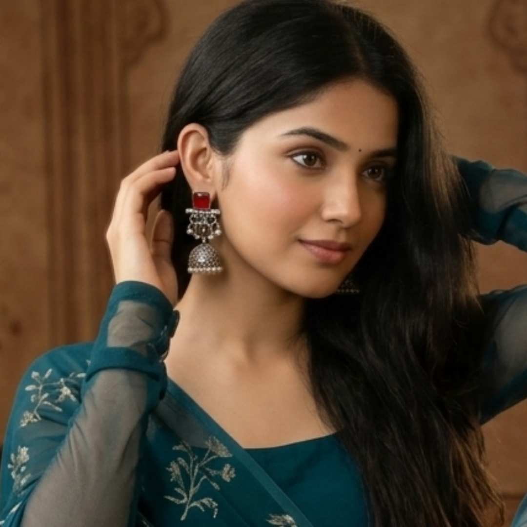Rudira Crimson & Emerald Floral Oxidized Jhumkas