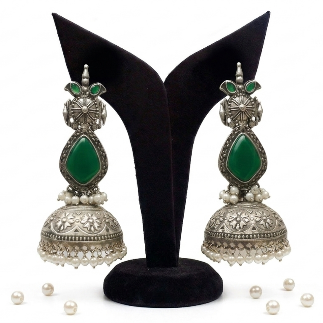 Forest Bloom Oxidized Jhumka Earrings
