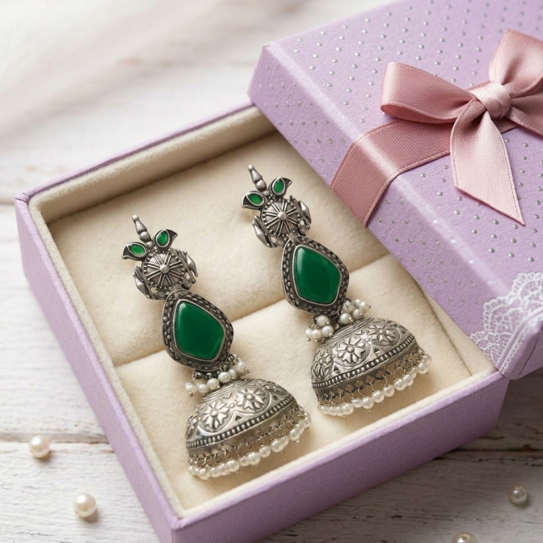 Forest Bloom Oxidized Jhumka Earrings