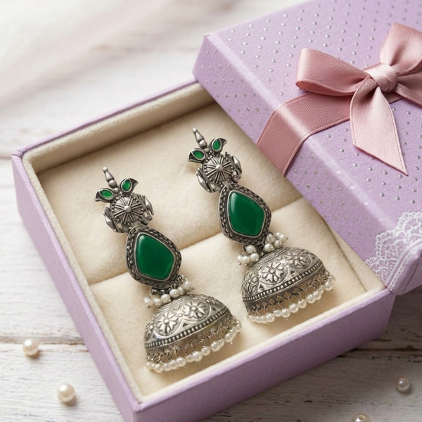 Forest Bloom Oxidized Jhumka Earrings