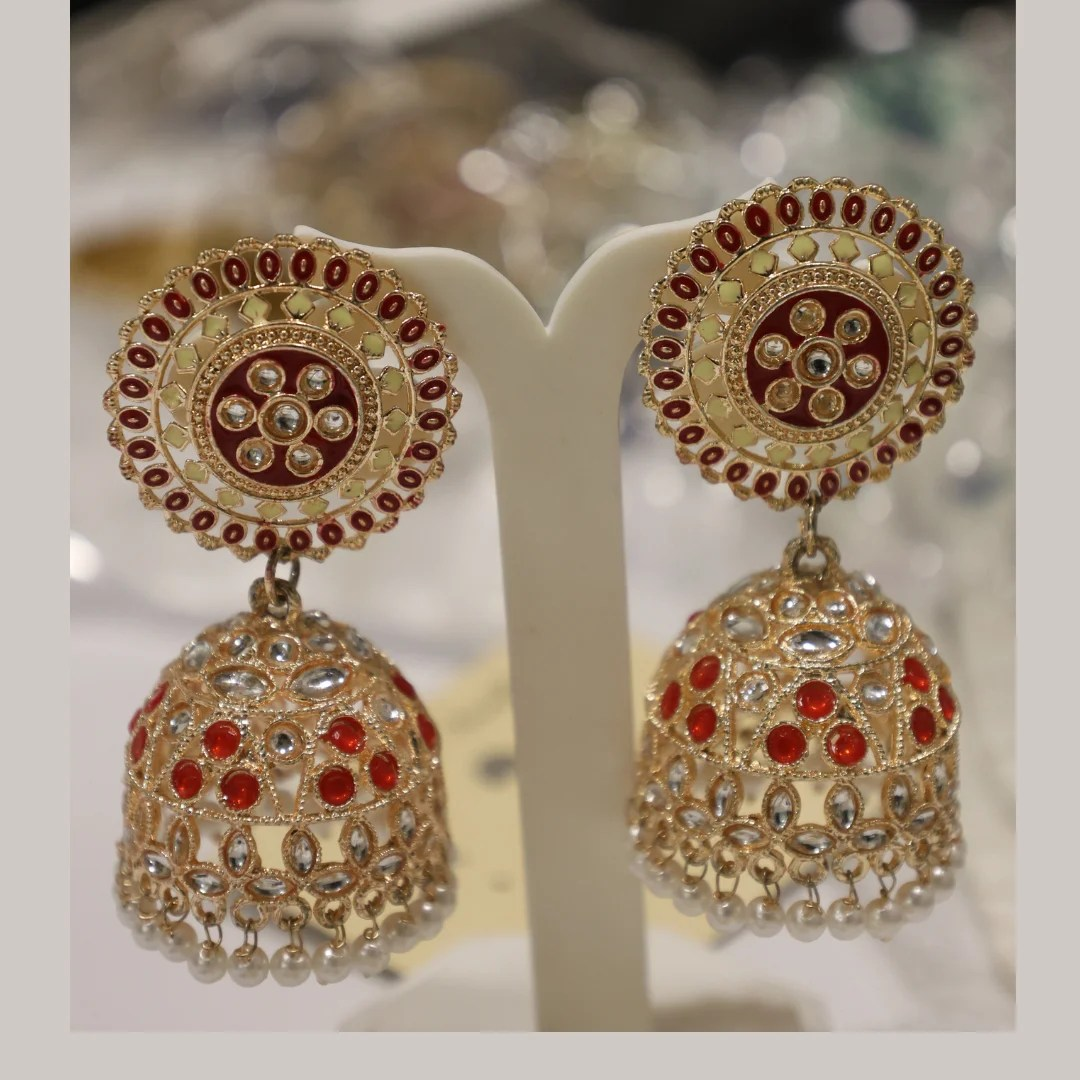 Traditional Gold-Plated Red and White Stone Jhumka