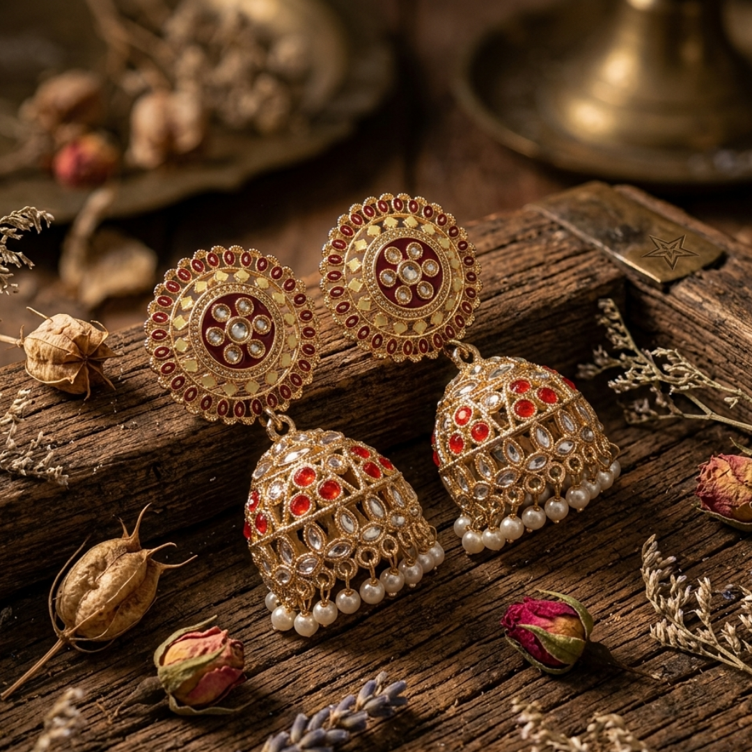 Traditional Gold-Plated Red and White Stone Jhumka