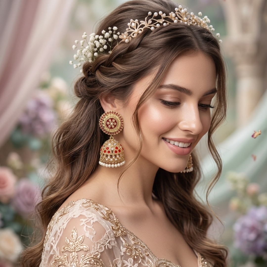Traditional Gold-Plated Red and White Stone Jhumka
