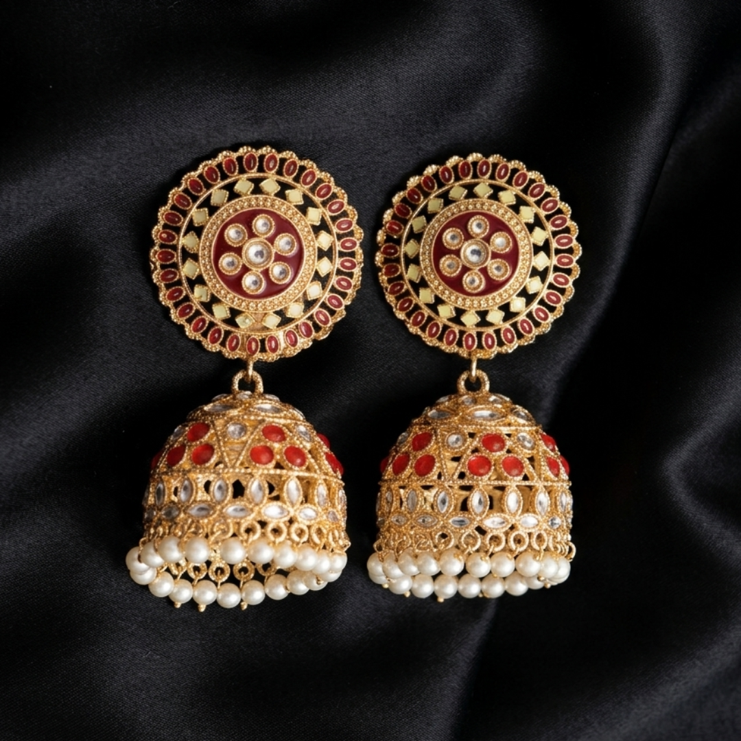 Traditional Gold-Plated Red and White Stone Jhumka